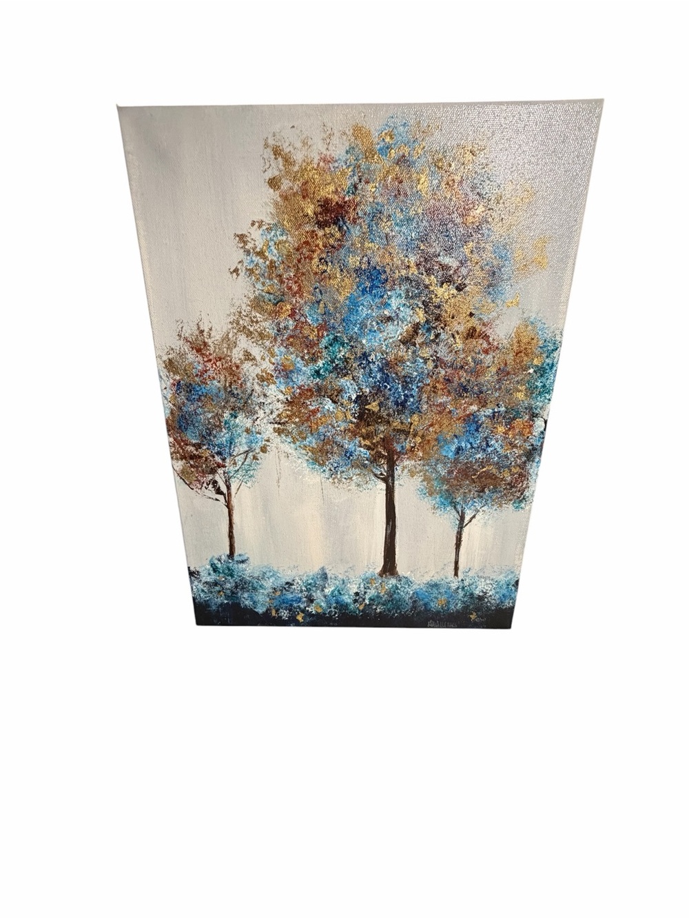 New Original Acrylic Canvas Art Trees in Blue and Gold 12" x 16" - Picture 5 of 14
